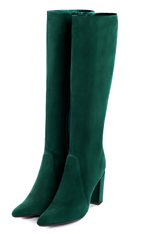Forest green women's feminine knee-high boots. Tapered toe. Very high block heels. Made to measure - Florence KOOIJMAN